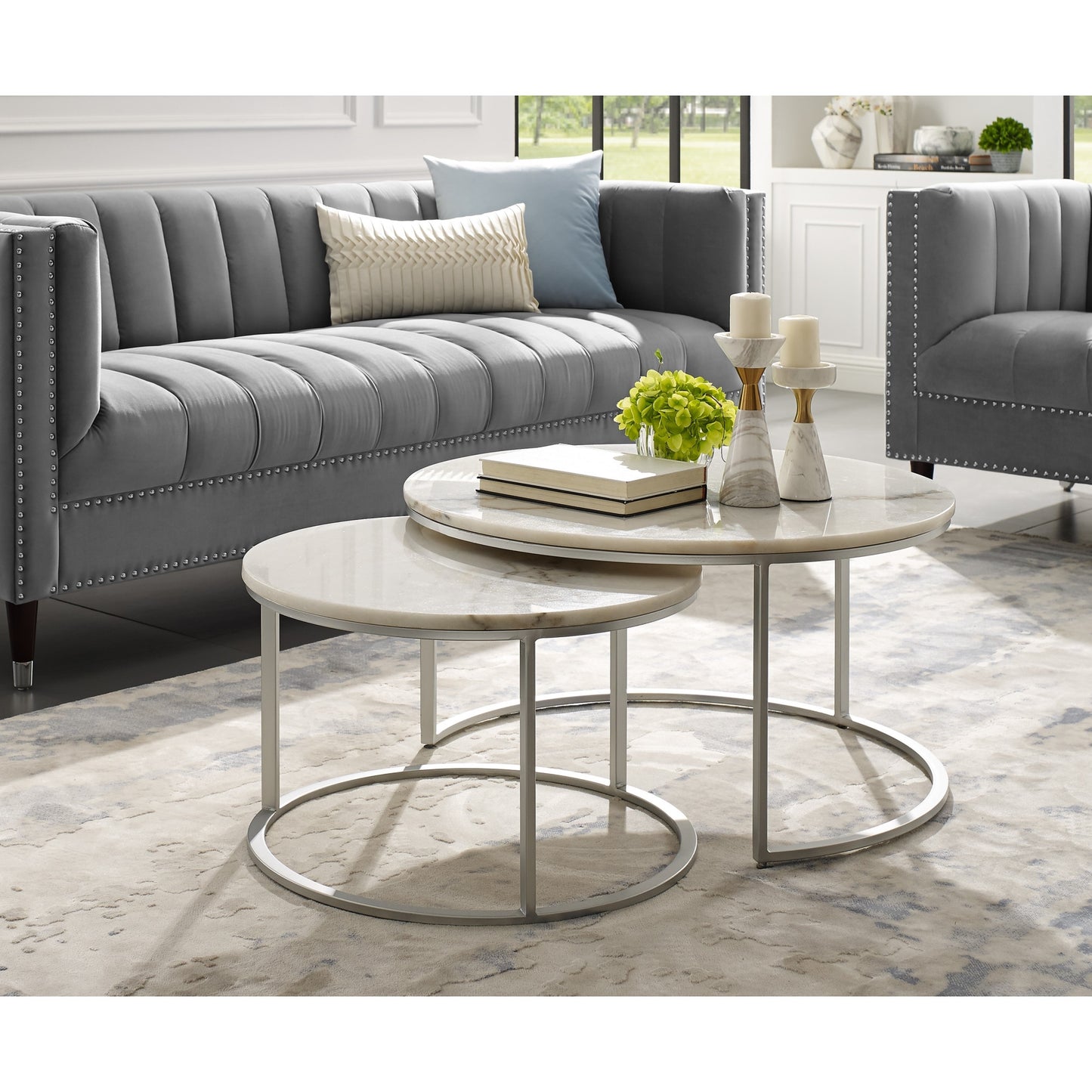 White & Silver Genuine Marble & Iron Round Nesting Tables