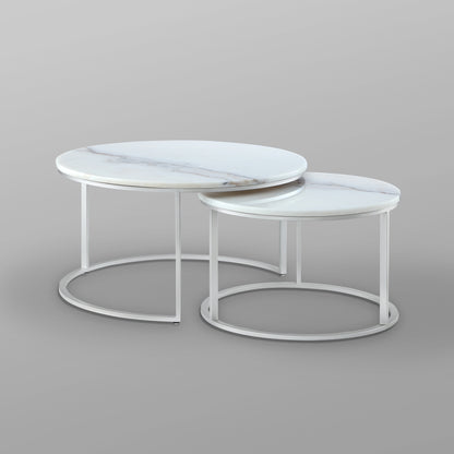 White & Silver Genuine Marble & Iron Round Nesting Tables