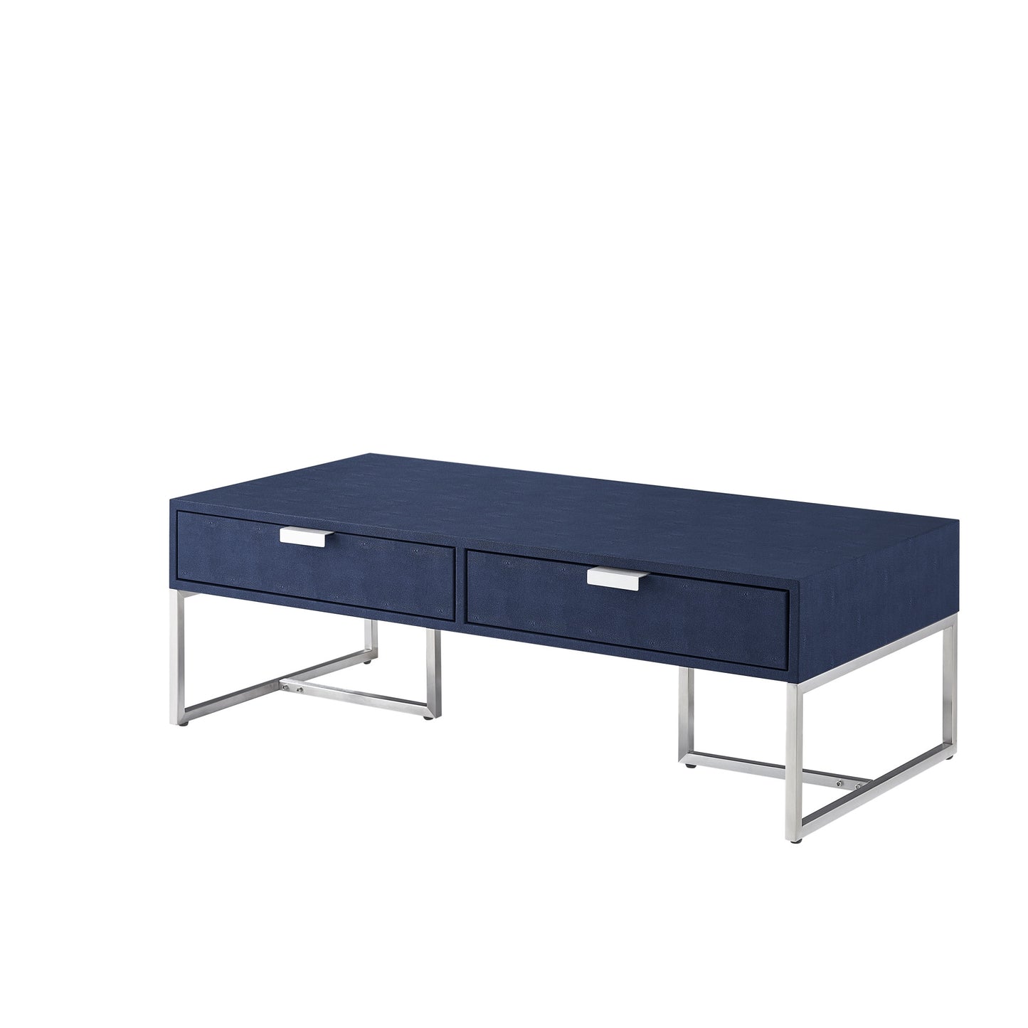 Navy Blue & Silver Stainless Steel Coffee Table w/ 2 Drawers