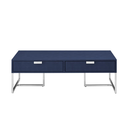 Navy Blue & Silver Stainless Steel Coffee Table w/ 2 Drawers
