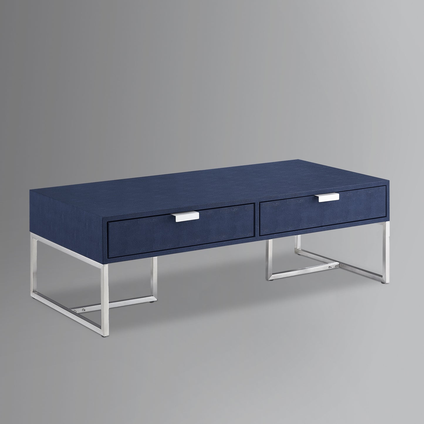 Navy Blue & Silver Stainless Steel Coffee Table w/ 2 Drawers