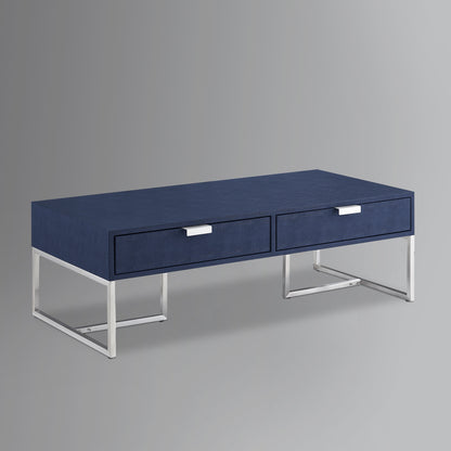Navy Blue & Silver Stainless Steel Coffee Table w/ 2 Drawers