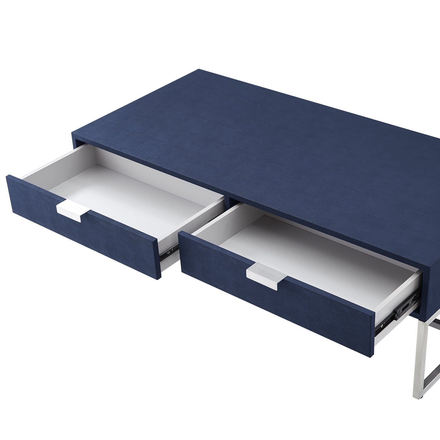 Navy Blue & Silver Stainless Steel Coffee Table w/ 2 Drawers