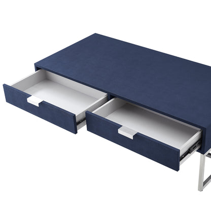Navy Blue & Silver Stainless Steel Coffee Table w/ 2 Drawers