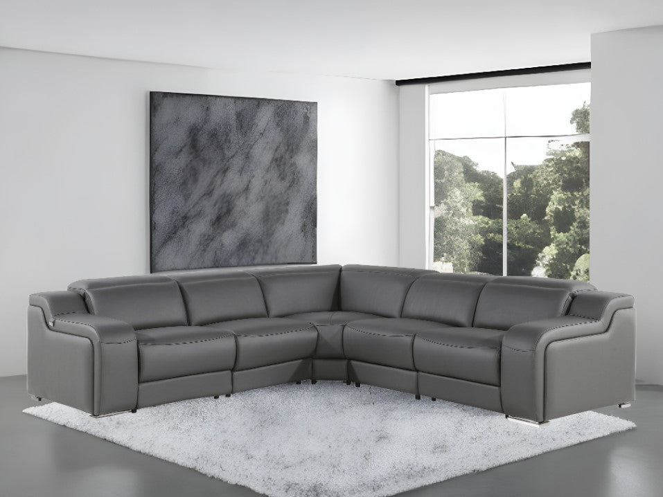Dark Gray Italian Leather L Shaped 5 Piece Sectional