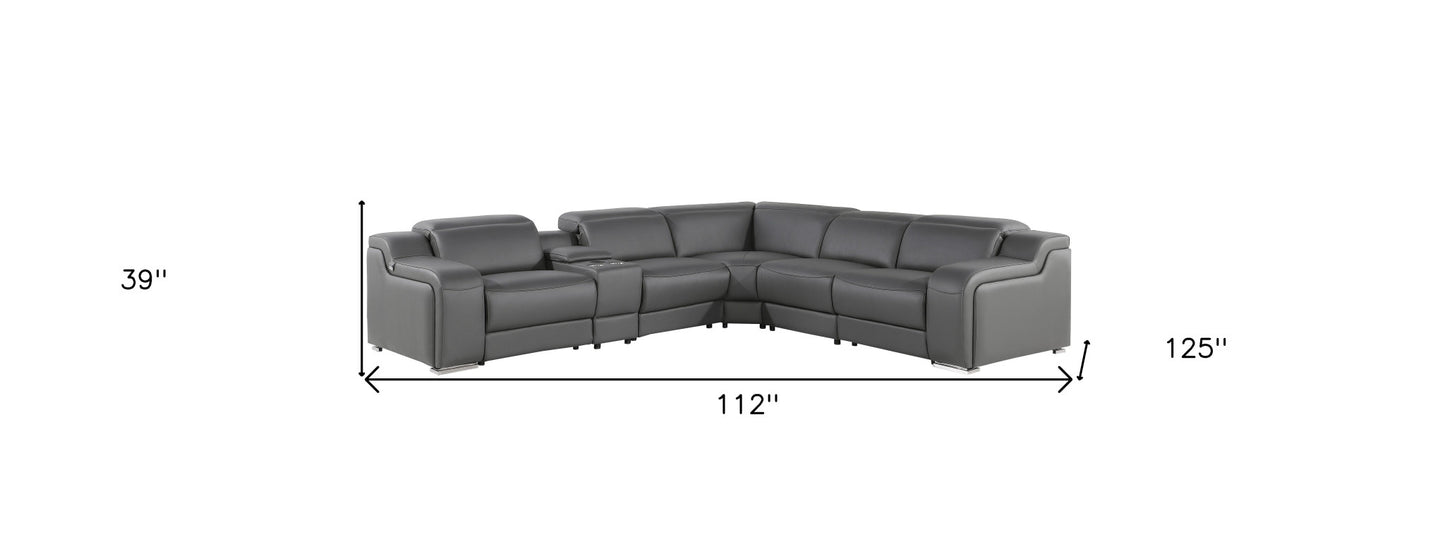 Dark Gray Italian Leather L Shaped 6 Piece Sectional w/ Console