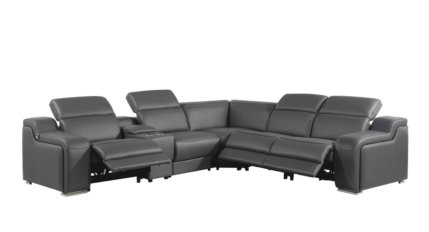 Dark Gray Italian Leather L Shaped 6 Piece Sectional w/ Console