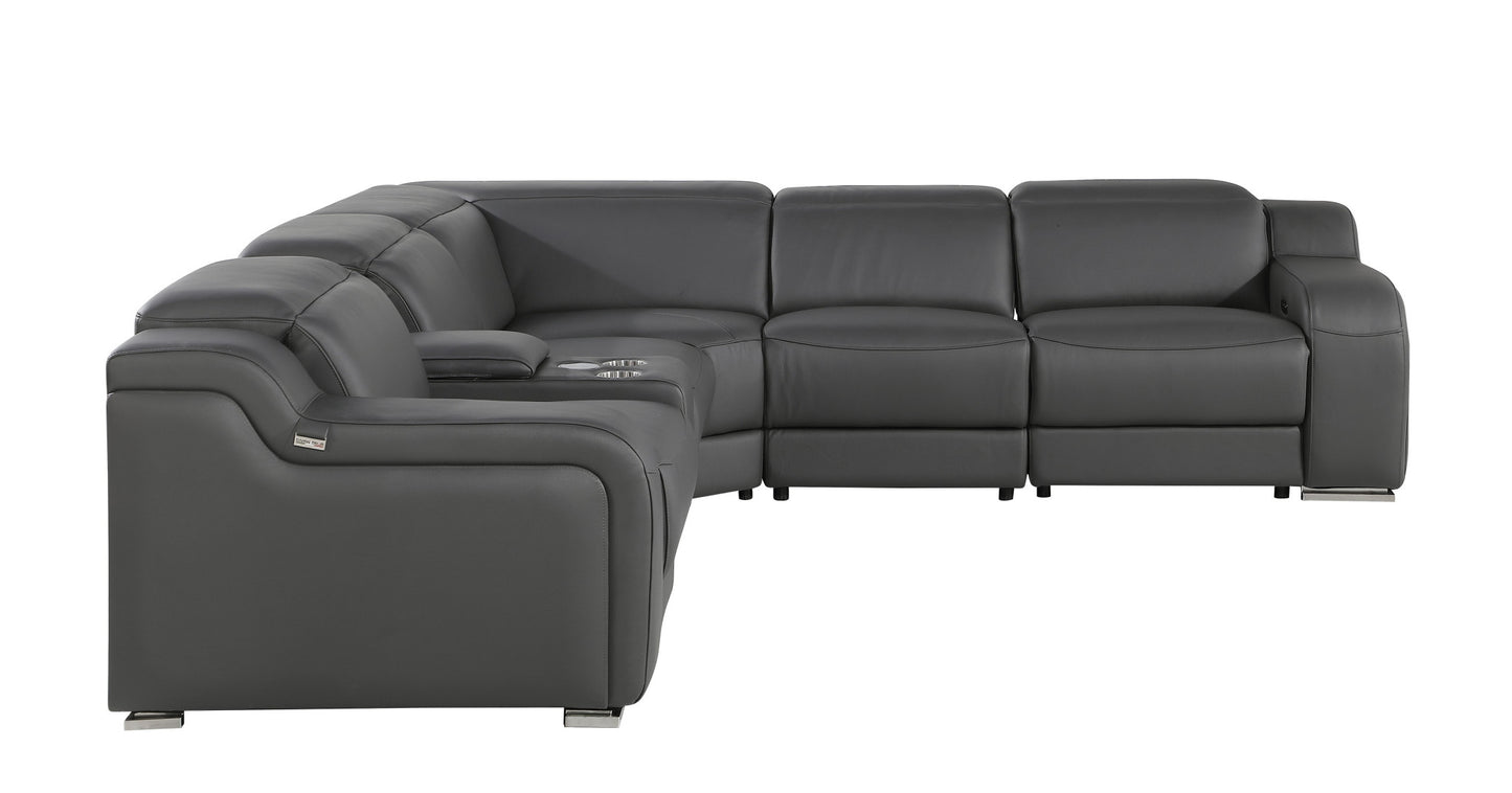 Dark Gray Italian Leather L Shaped 6 Piece Sectional w/ Console