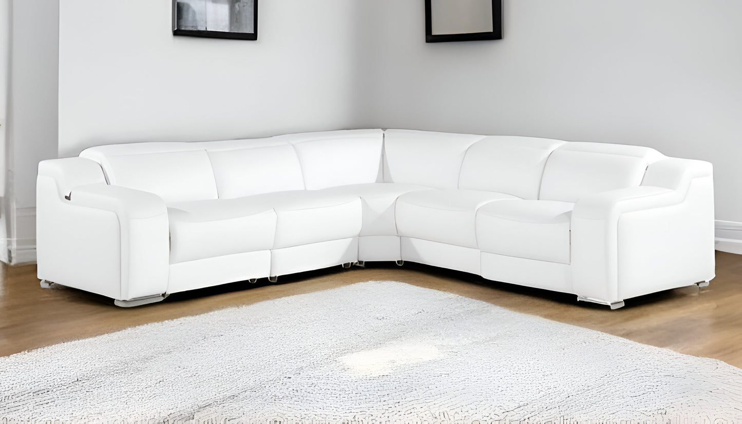 White Italian Leather L Shaped 5 Piece Sectional