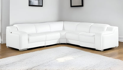 White Italian Leather L Shaped 5 Piece Sectional