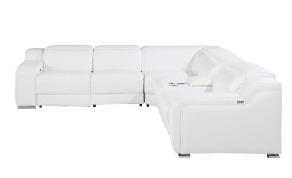 White Italian Leather L Shaped 6 Piece Sectional w/ Console