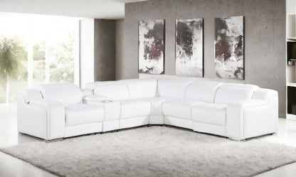 White Italian Leather L Shaped 6 Piece Sectional w/ Console