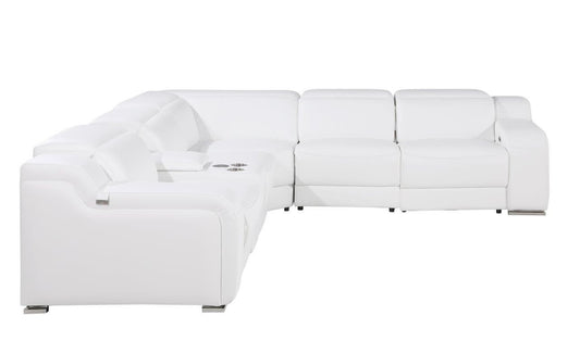 White Italian Leather L Shaped 6 Piece Sectional w/ Console