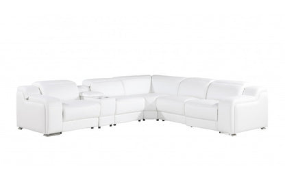 White Italian Leather L Shaped 6 Piece Sectional w/ Console