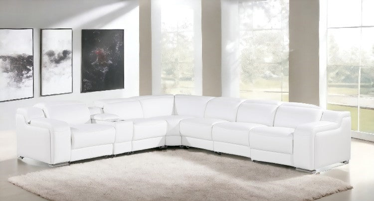White Italian leather L shaped Seven Piece Sectional w/ Console