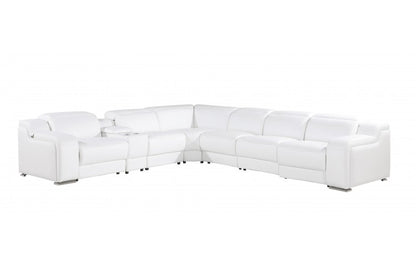 White Italian leather L shaped Seven Piece Sectional w/ Console