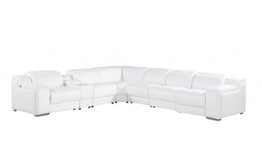 White Italian leather L shaped Seven Piece Sectional w/ Console