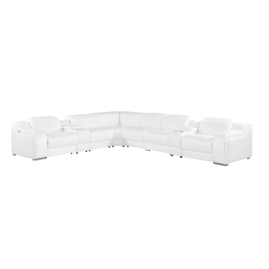 White Italian Leather L Shaped 8 Piece Sectional w/ Console