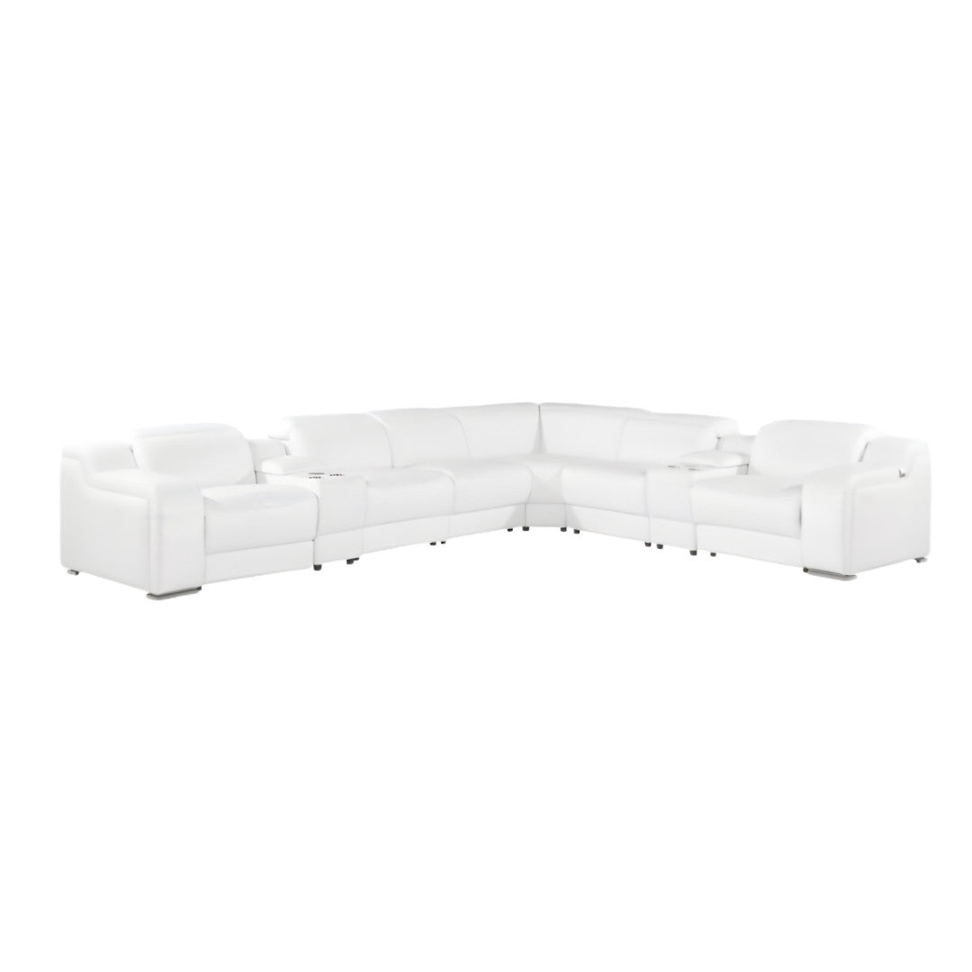 White Italian Leather L Shaped 8 Piece Sectional w/ Console
