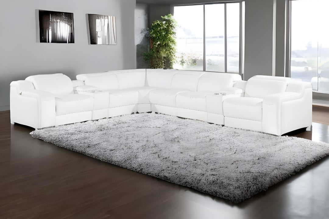 White Italian Leather 4 L Shaped 8 Piece Sectional w/ Console
