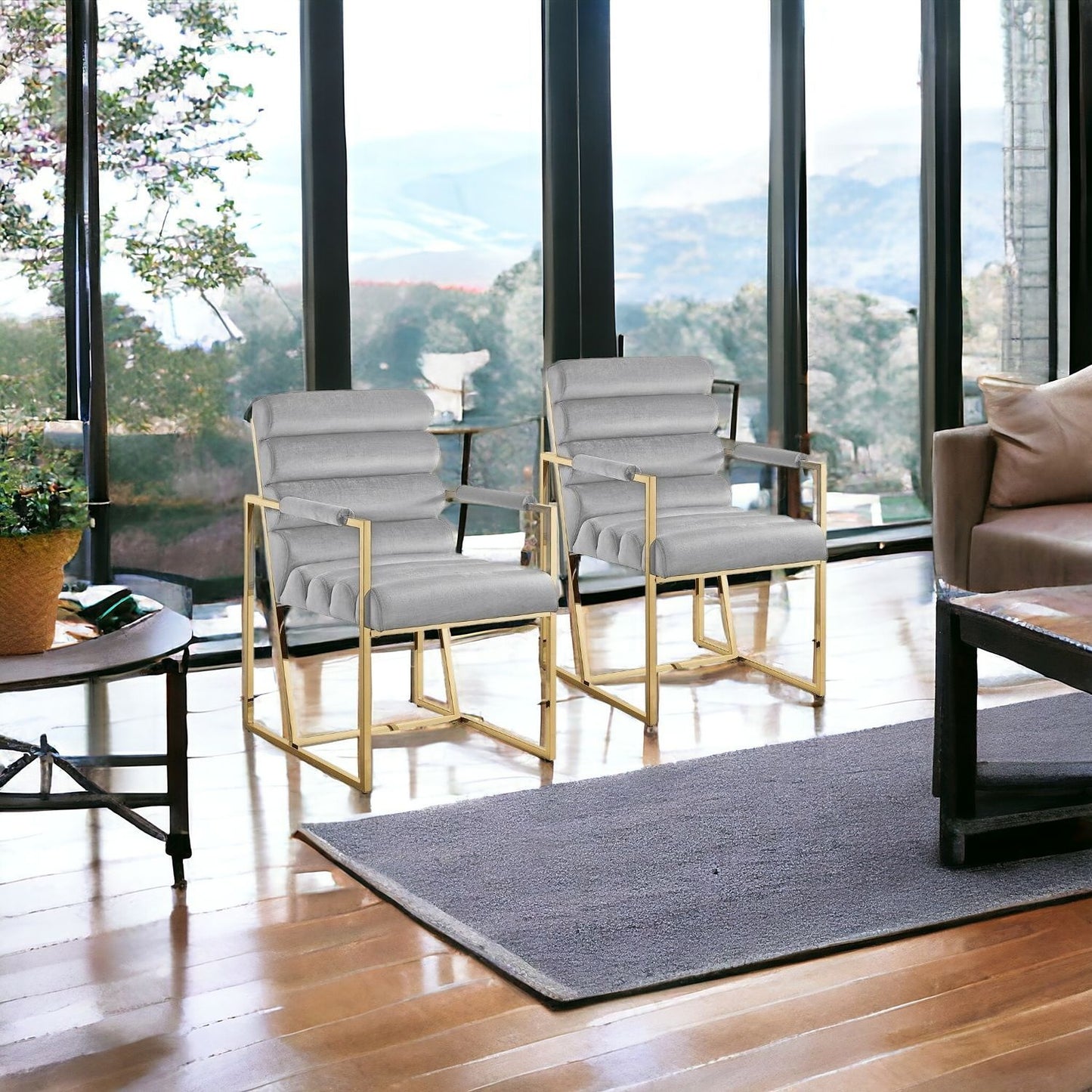 Tufted Gray & Gold Velvet Dining Chairs - Set of 2