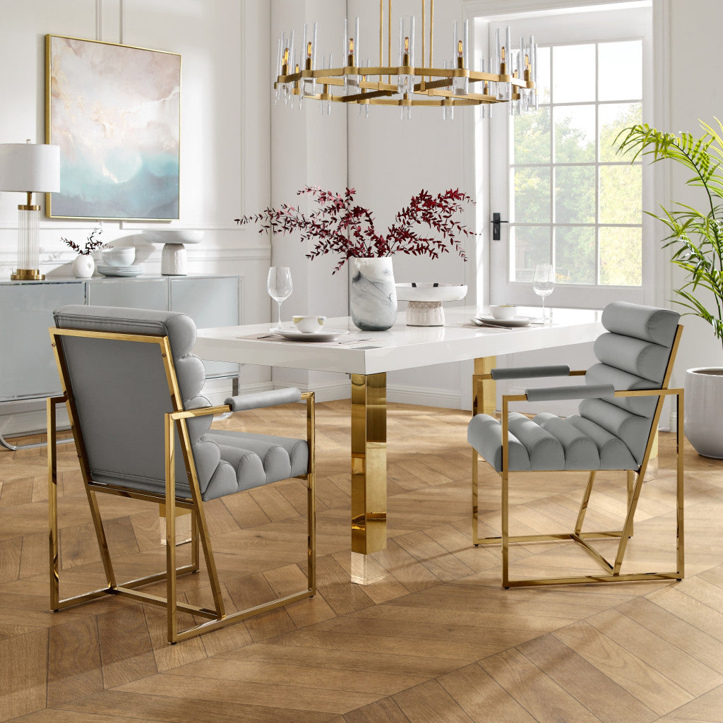 Tufted Gray & Gold Faux Leather Dining Chairs - Set of 2