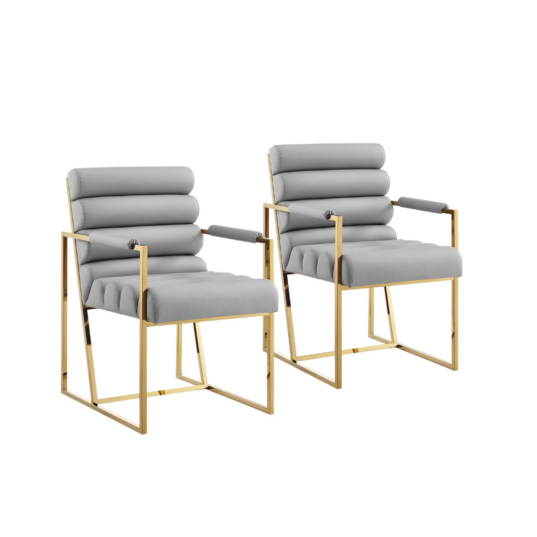 Tufted Gray & Gold Faux Leather Dining Chairs - Set of 2