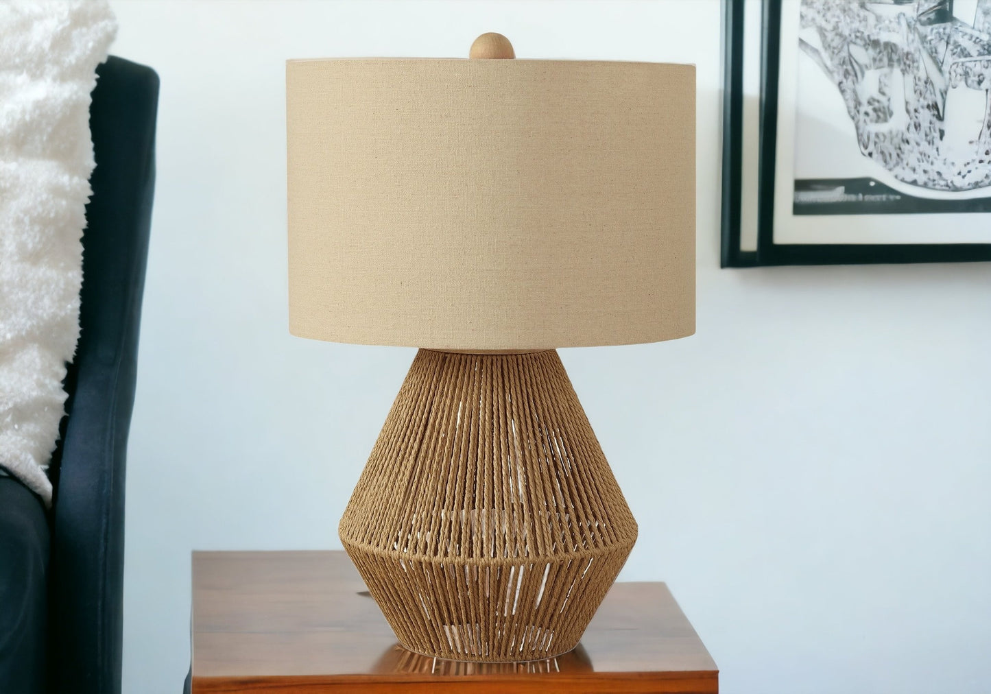 Brown Rattan Geometric Table Lamp w/ Shade