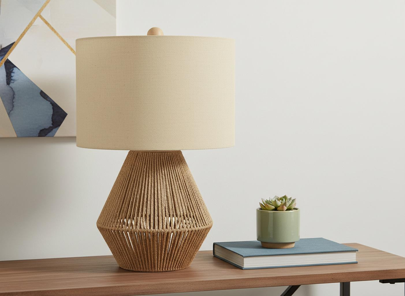 Brown Rattan Geometric Table Lamp w/ Shade
