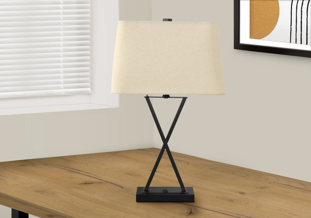 Black Geometric Table Lamp w/ Beige Shade