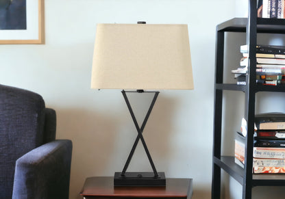 Black Geometric Table Lamp w/ Beige Shade