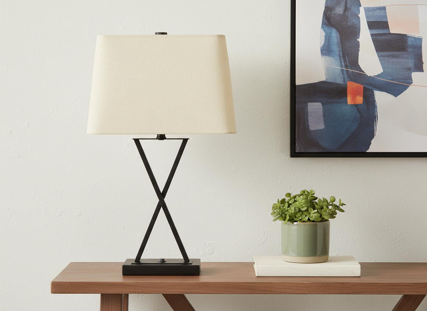Black Geometric Table Lamp w/ Beige Shade