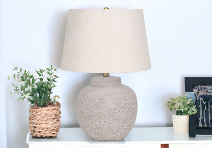 Cream Concrete Urn Table Lamp w/ Shade