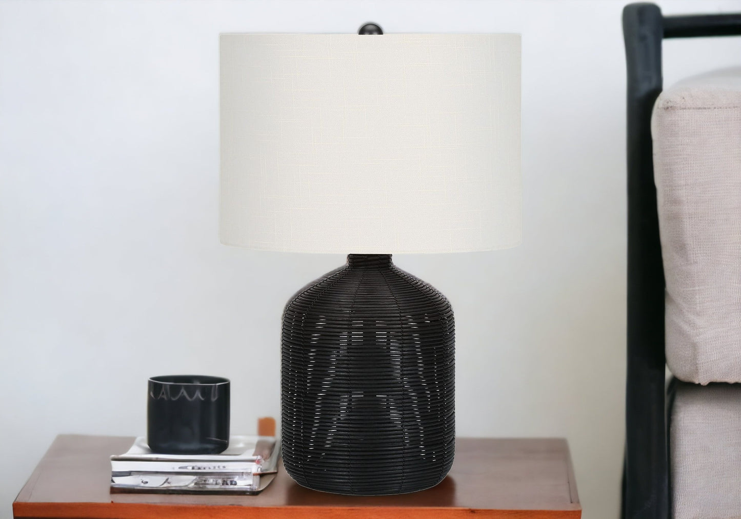 Black Rattan Table Lamp w/ Shade