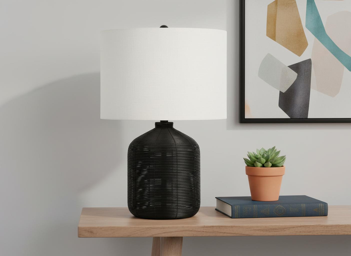Black Rattan Table Lamp w/ Shade