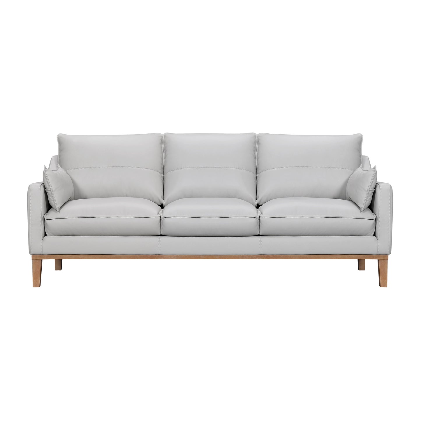 Gray Leather Sofa & Toss Pillows With Brown Legs