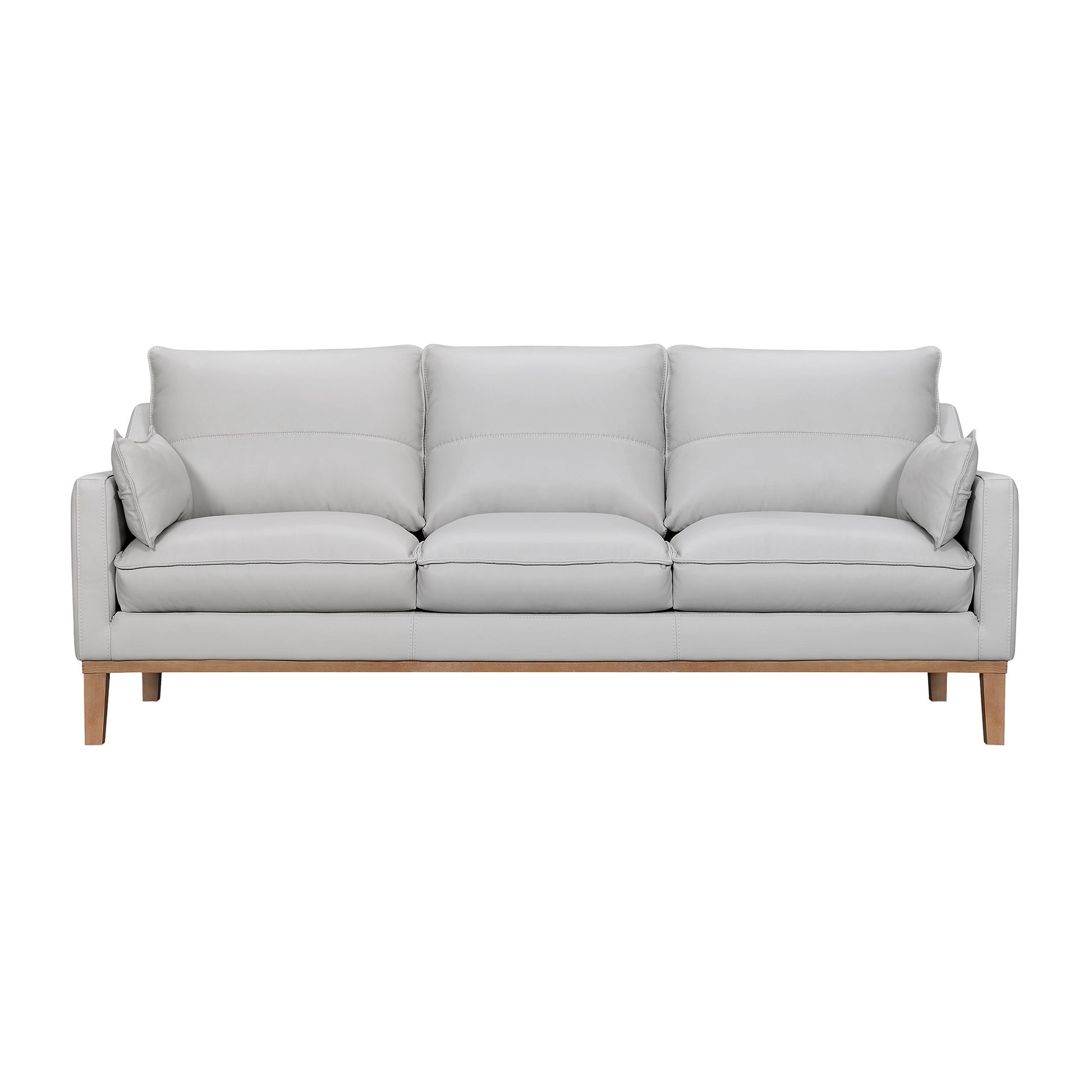 Gray Leather Sofa & Toss Pillows With Brown Legs