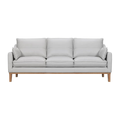 Gray Leather Sofa & Toss Pillows With Brown Legs