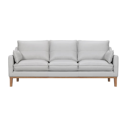 Gray Leather Sofa & Toss Pillows With Brown Legs