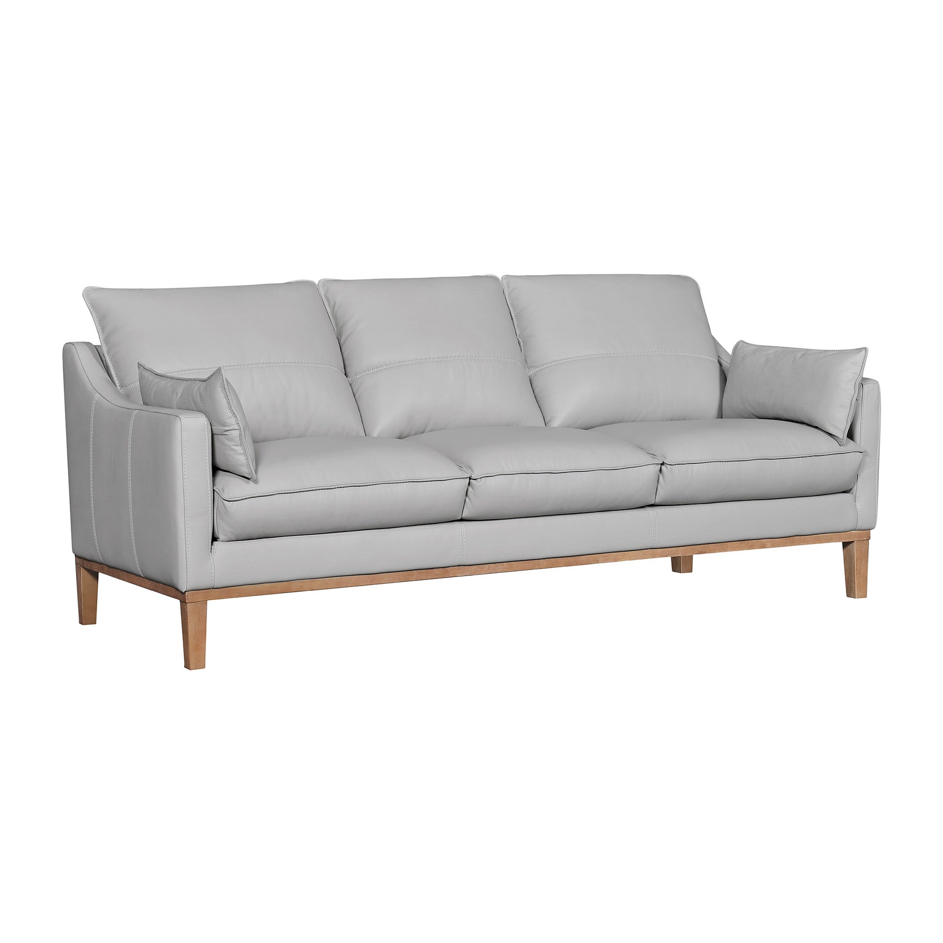 Gray Leather Sofa & Toss Pillows With Brown Legs