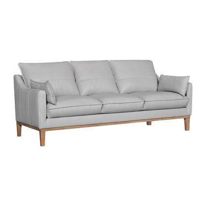 Gray Leather Sofa & Toss Pillows With Brown Legs