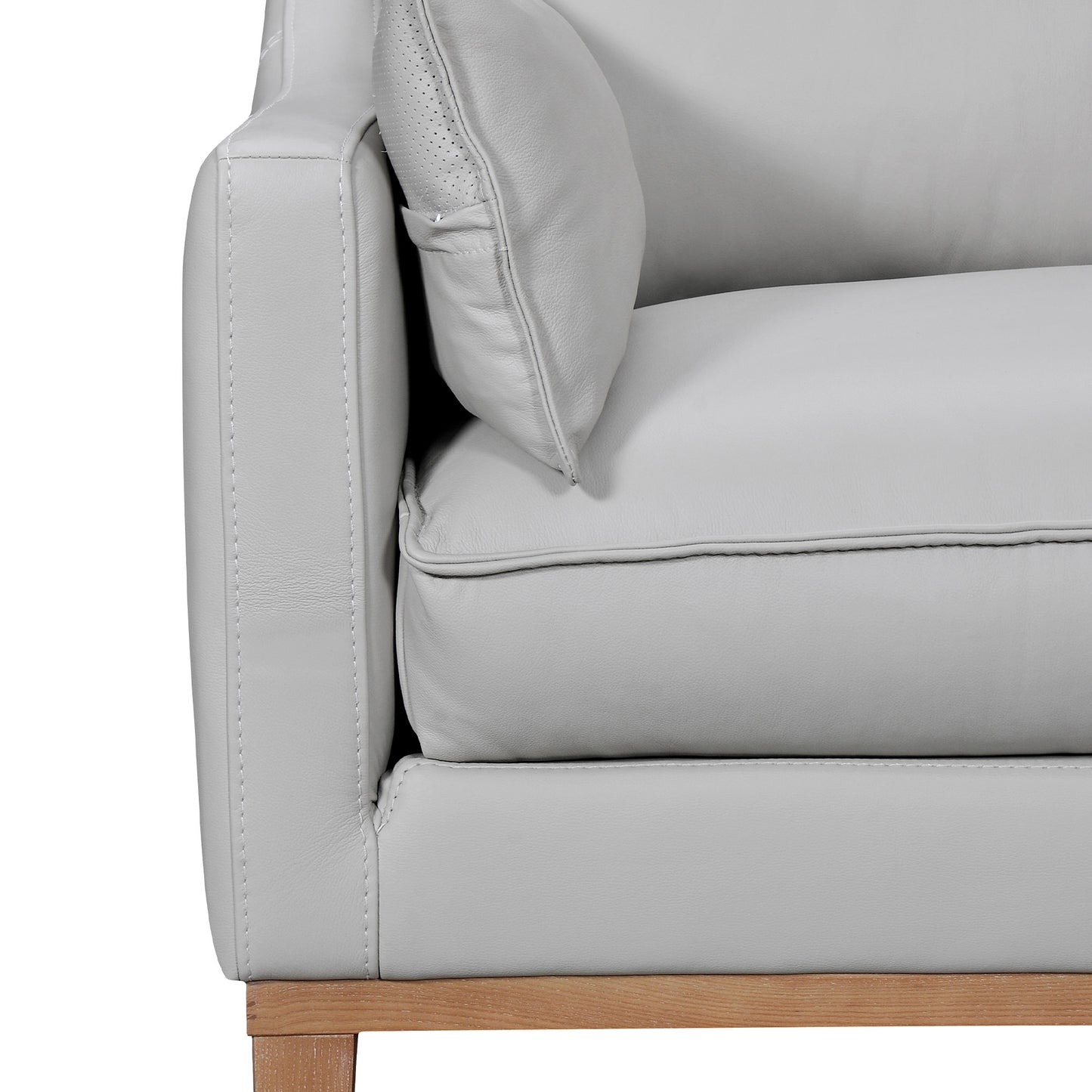 Gray Leather Sofa & Toss Pillows With Brown Legs