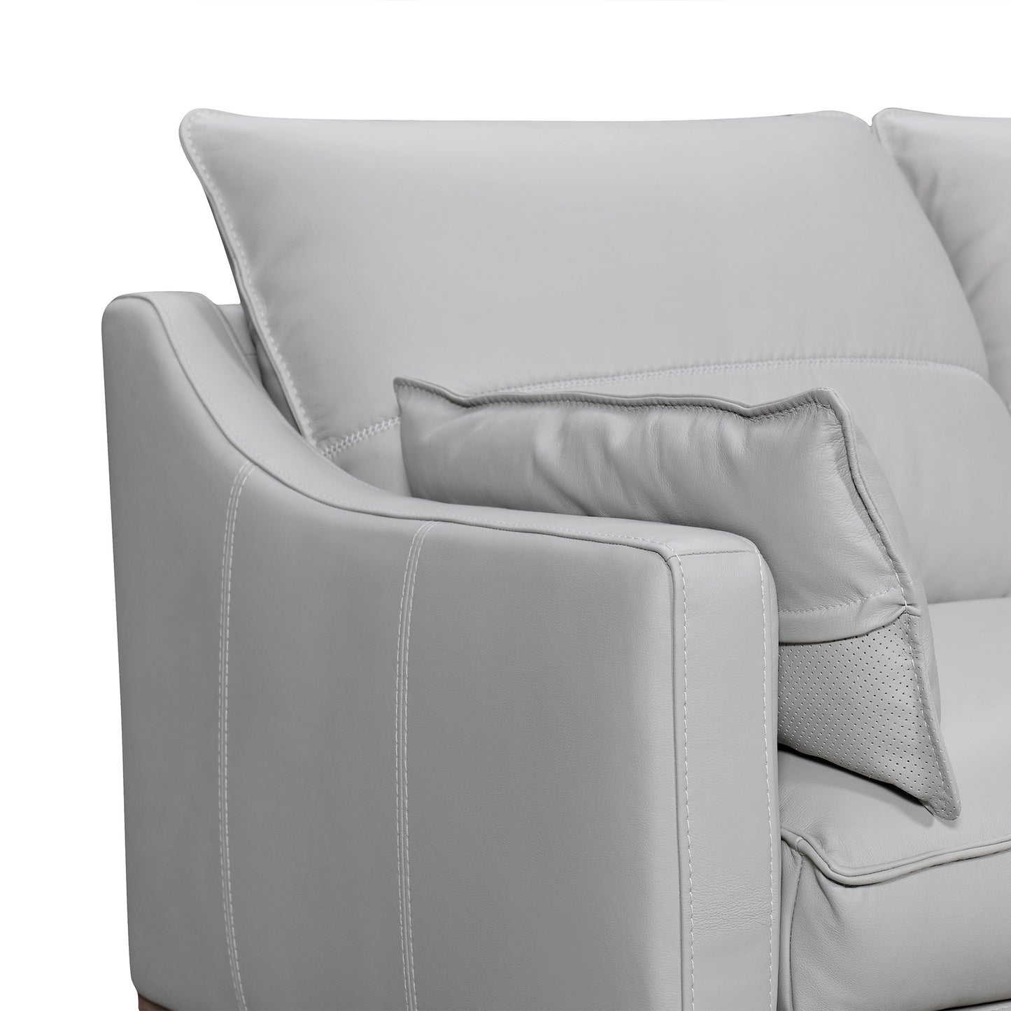 Gray Leather Sofa & Toss Pillows With Brown Legs