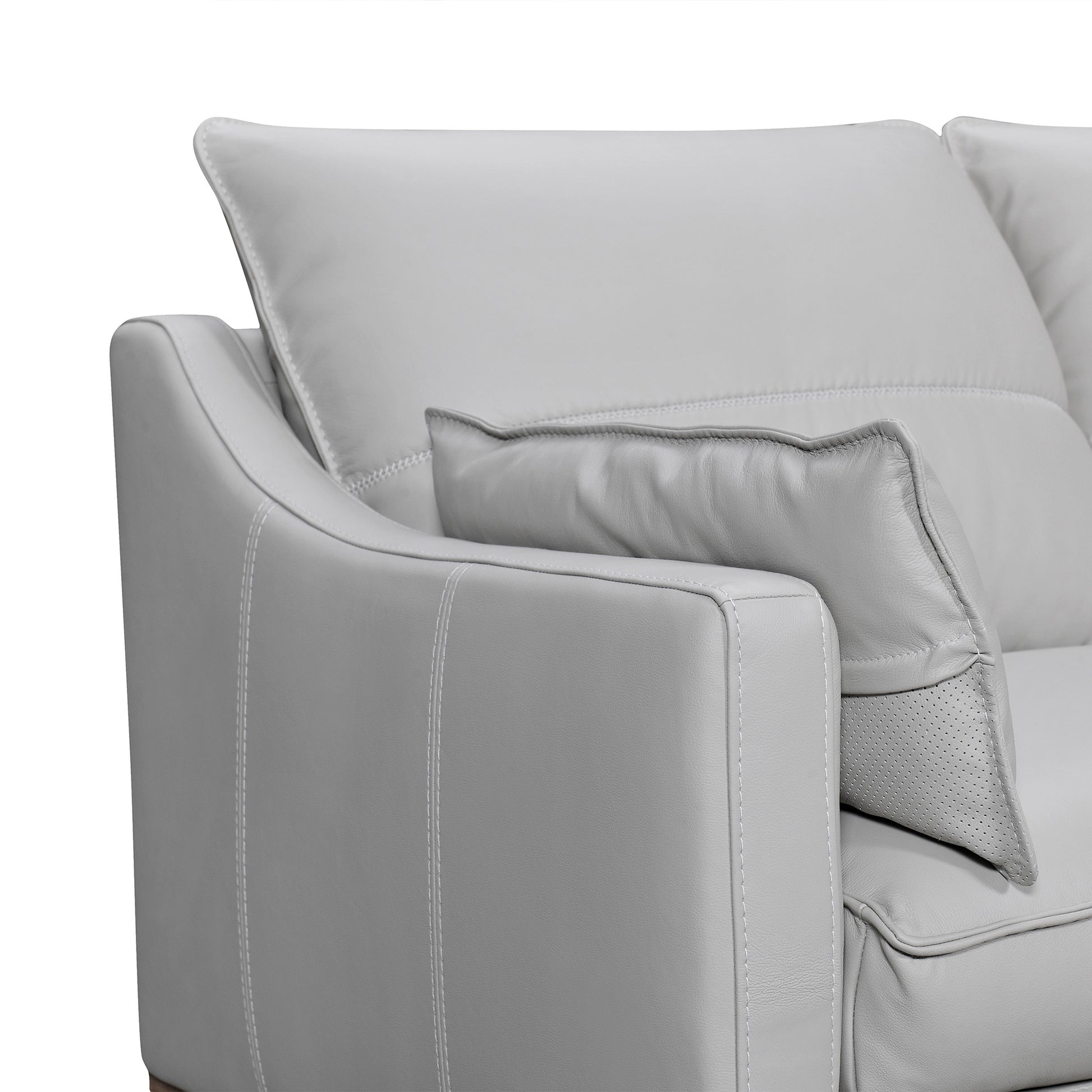 Gray Leather Sofa & Toss Pillows With Brown Legs