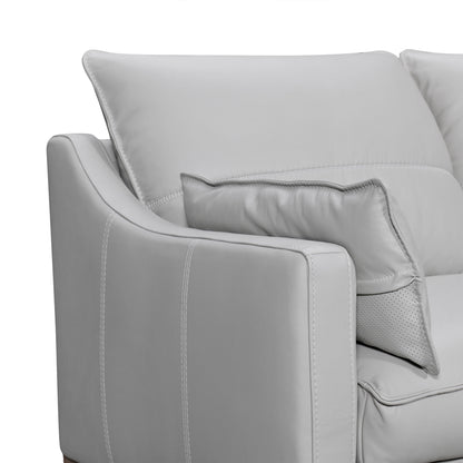 Gray Leather Sofa & Toss Pillows With Brown Legs