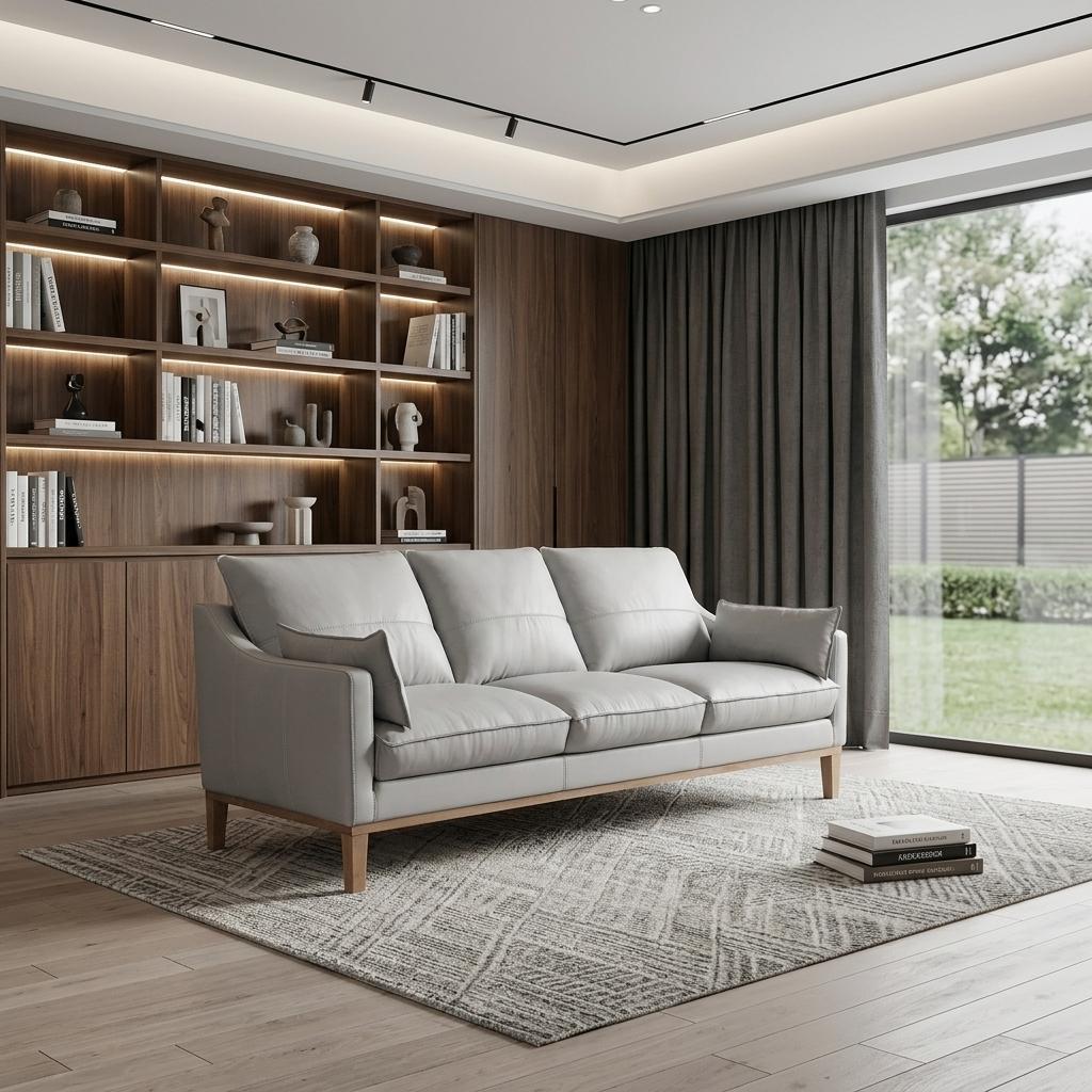 Gray Leather Sofa & Toss Pillows With Brown Legs