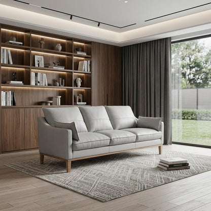 Gray Leather Sofa & Toss Pillows With Brown Legs