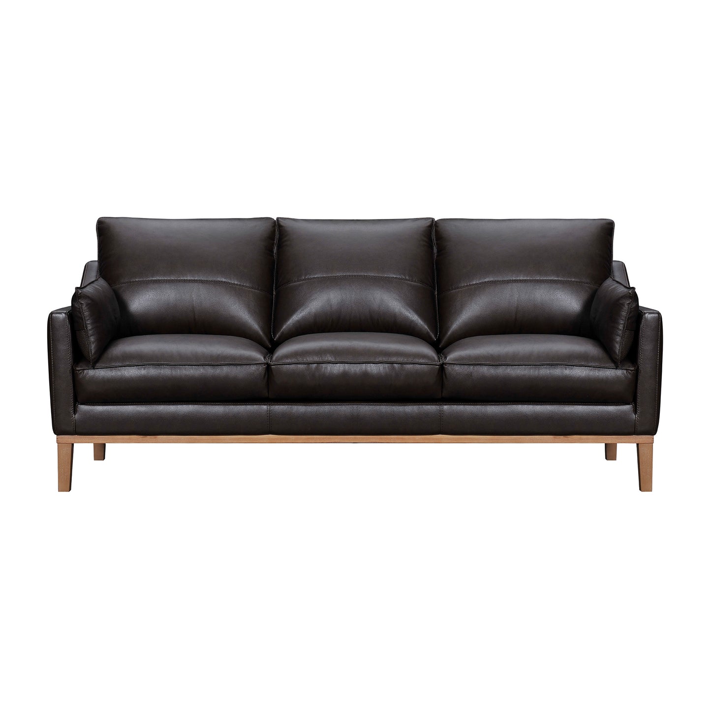 Dark Brown Leather Sofa & Toss Pillows With Brown Legs