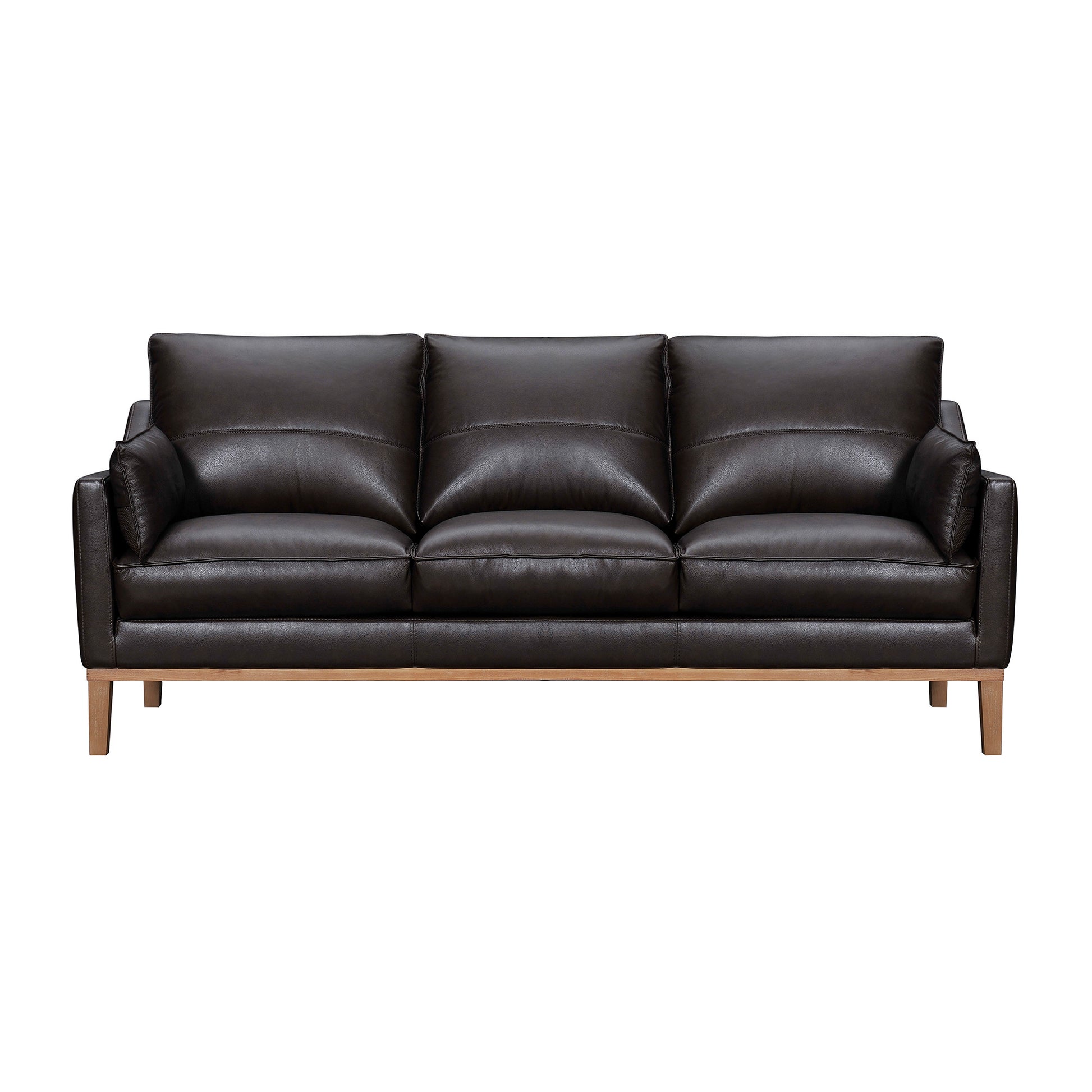 Dark Brown Leather Sofa & Toss Pillows With Brown Legs