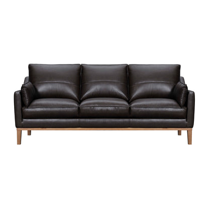 Dark Brown Leather Sofa & Toss Pillows With Brown Legs